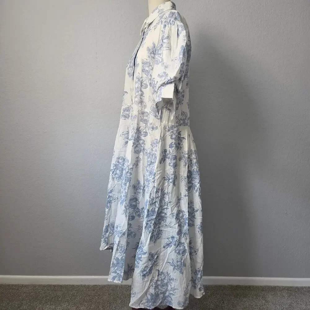 NWOT Romantic Blue Floral Linen-Cotton Midi Shirt Dress - Breezy & Chic - Picture 3 of 6